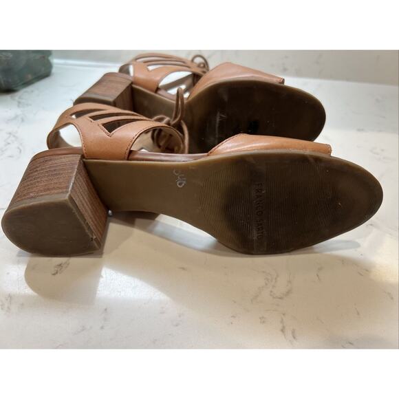Franco Sarto Flourish 9.0 Tan Leather Chunky Block Lace Strappy Open Toe Sandals - Picture 5 of 7